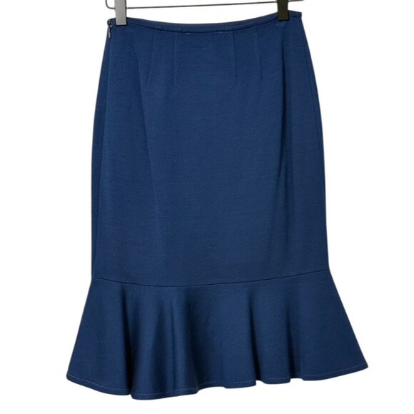 St. John Navy Blue Pencil Skirt Ruffle Hem Wool Blend Knee Length Classic Size 0 - Picture 2 of 12